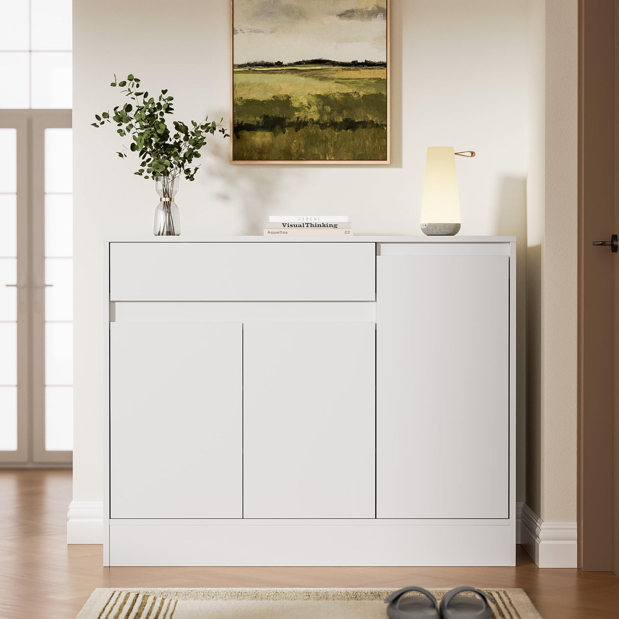 Housoul Shoe Cabinet Storage with 3 Doors, Freestanding Shoe Cabinet with Drawer & Adjustable Shelves, Wooden Shoe Organizer for Entryway, Hallway, White Housoul