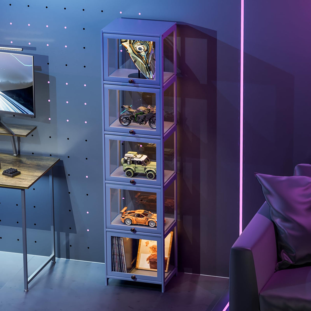 Athena Collection Curio Display Cabinet, 5-Tier Acrylic Display Shelf 68” Tall Display Case for Trophy Figures Curio Collectibles Display Shelves for Living Room Bedroom, Grey Athena Collection