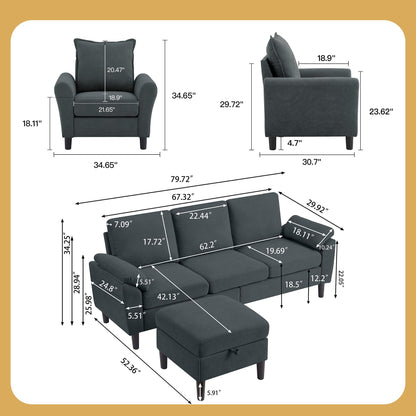 Chireca Sectional Sofa Set of 79.5" Convertible Sofa & Accent Chair, Small L Shaped 3 Seat Couch with Reversible Ottoman, Modern Linen Sofa Couch for Living Room, Office, Apartment, Dark Grey