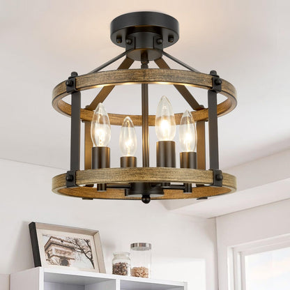 12.5" Farmhouse Semi Flush Mount Ceiling Light,4 Light Drum Rustic Semi Flush Ceiling Light,Black+Vintage Wood-Look Finish Semi Flush Light Fixture for Bedroom、Hallway、Kitchen、Laundry Room - WoodArtSupply