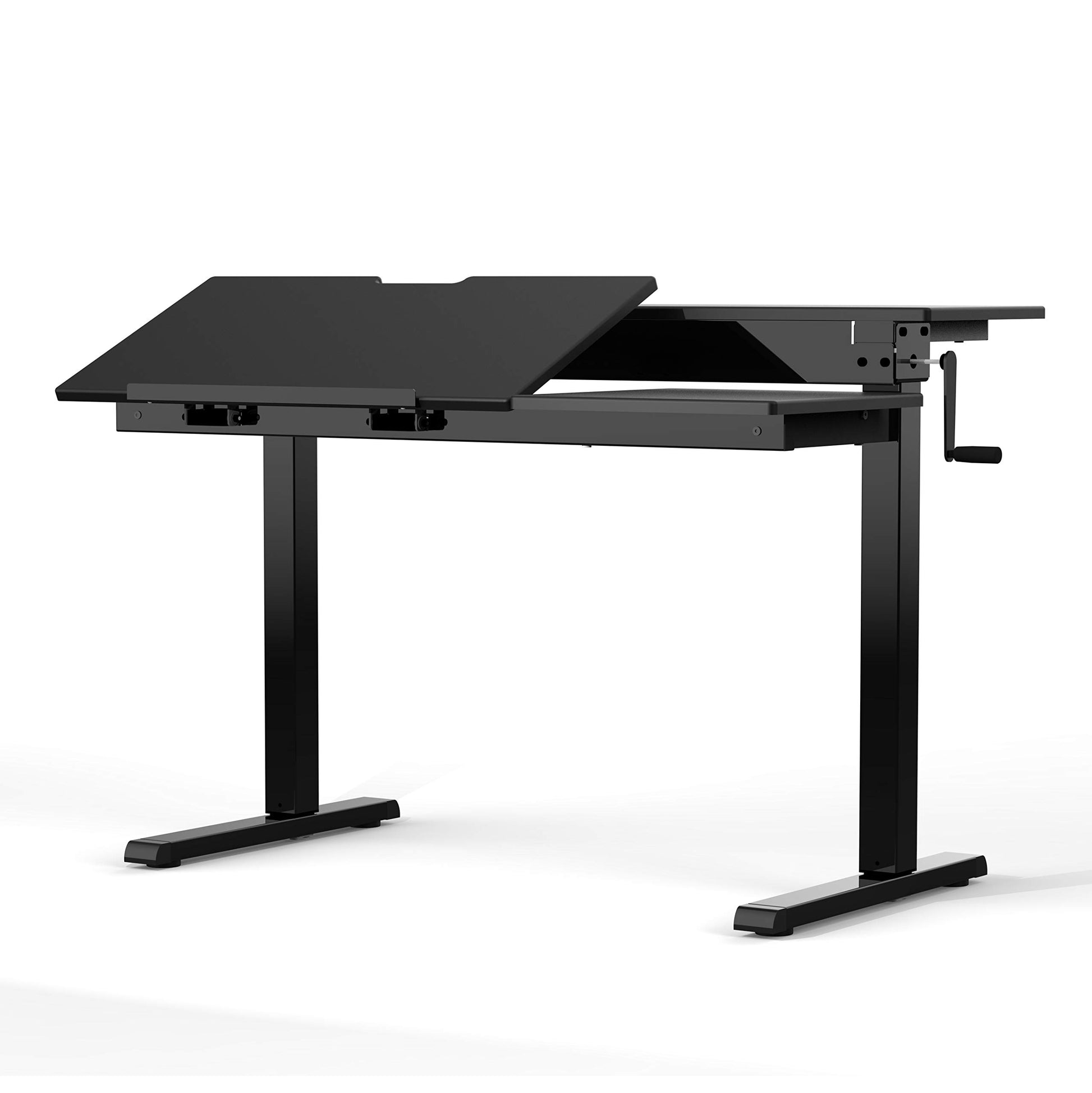 Stand Up Desk Store 48" Crank Adjustable Height Split Level Drafting Table Ergonomic Desk with Monitor Shelf (Black/Black) - WoodArtSupply