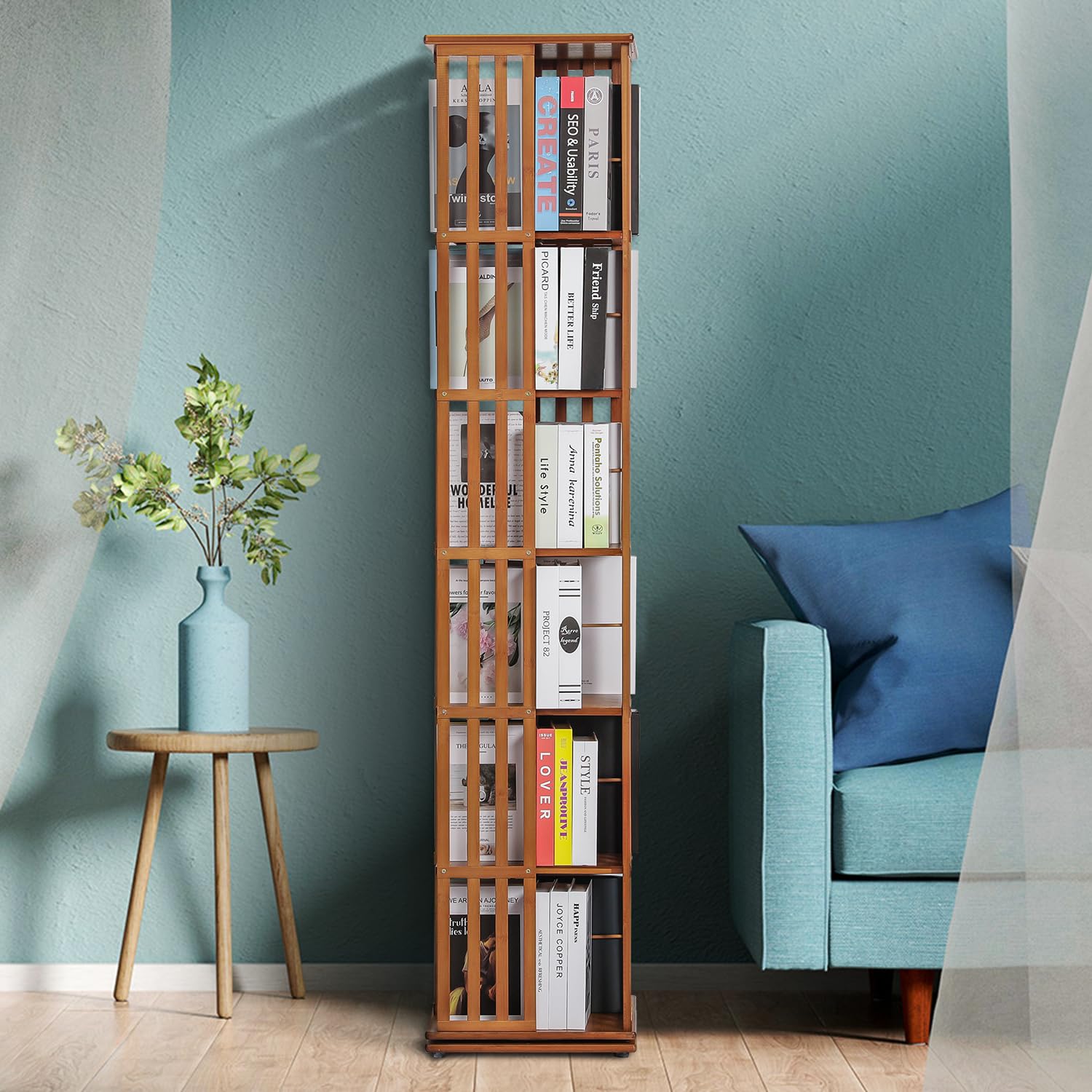 Magshion 6-Tier Rotating Bamboo Bookcase - Stylish Corner Shelf Storage Organizer for Home and Office - WoodArtSupply