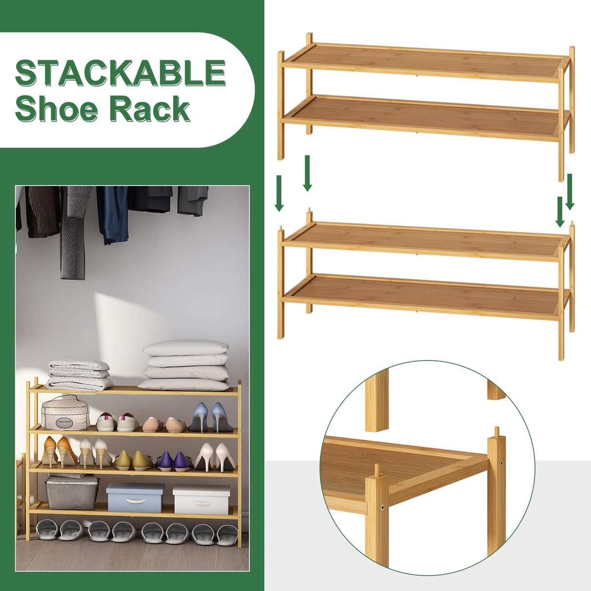 kiplant Long Shoe Rack, 4-Tier Bamboo Wood Shoe Rack, Stackable Shoe Rack for Closet, Entryway & Hallway kiplant