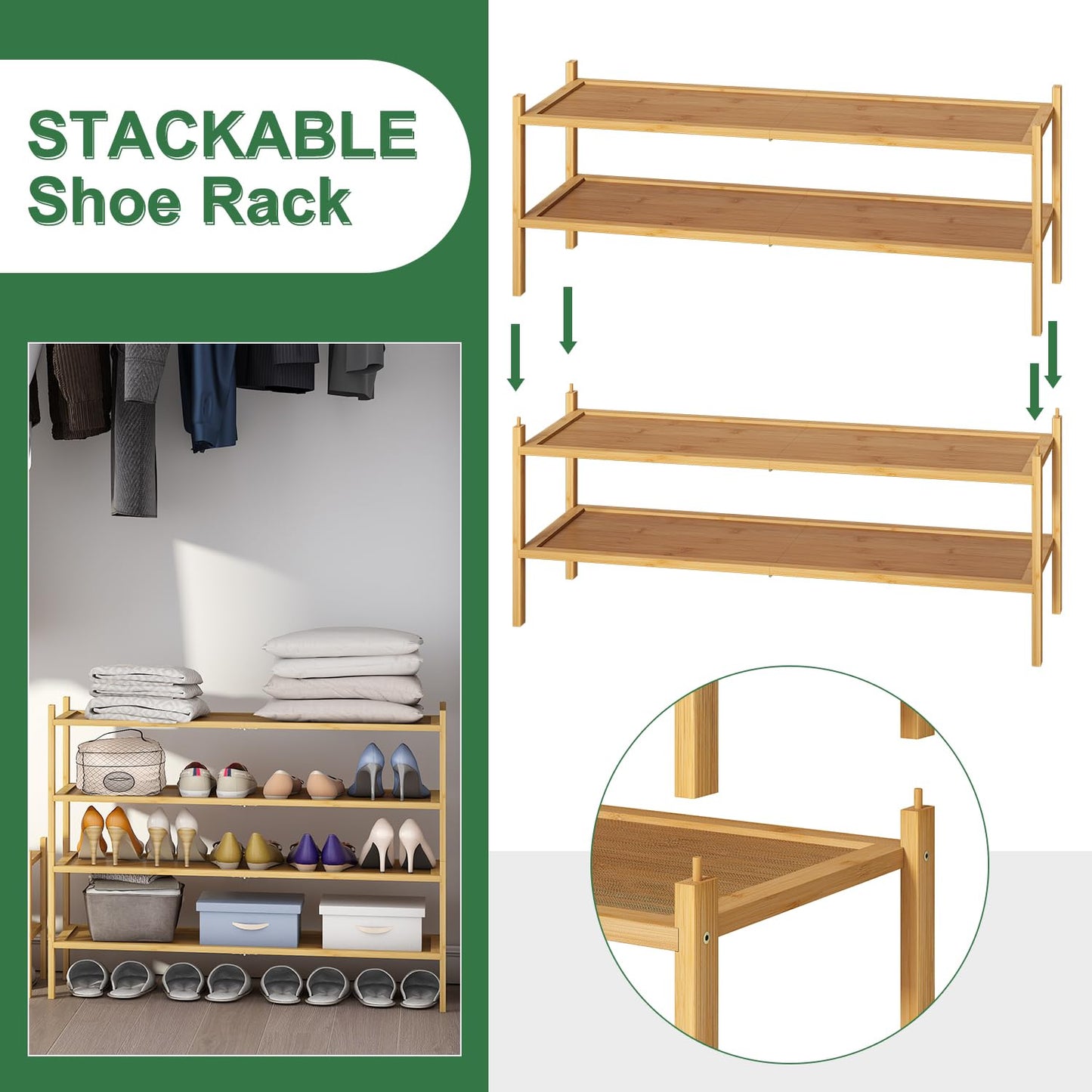 kiplant Long Shoe Rack, 4-Tier Bamboo Wood Shoe Rack, Stackable Shoe Rack for Closet, Entryway & Hallway - WoodArtSupply