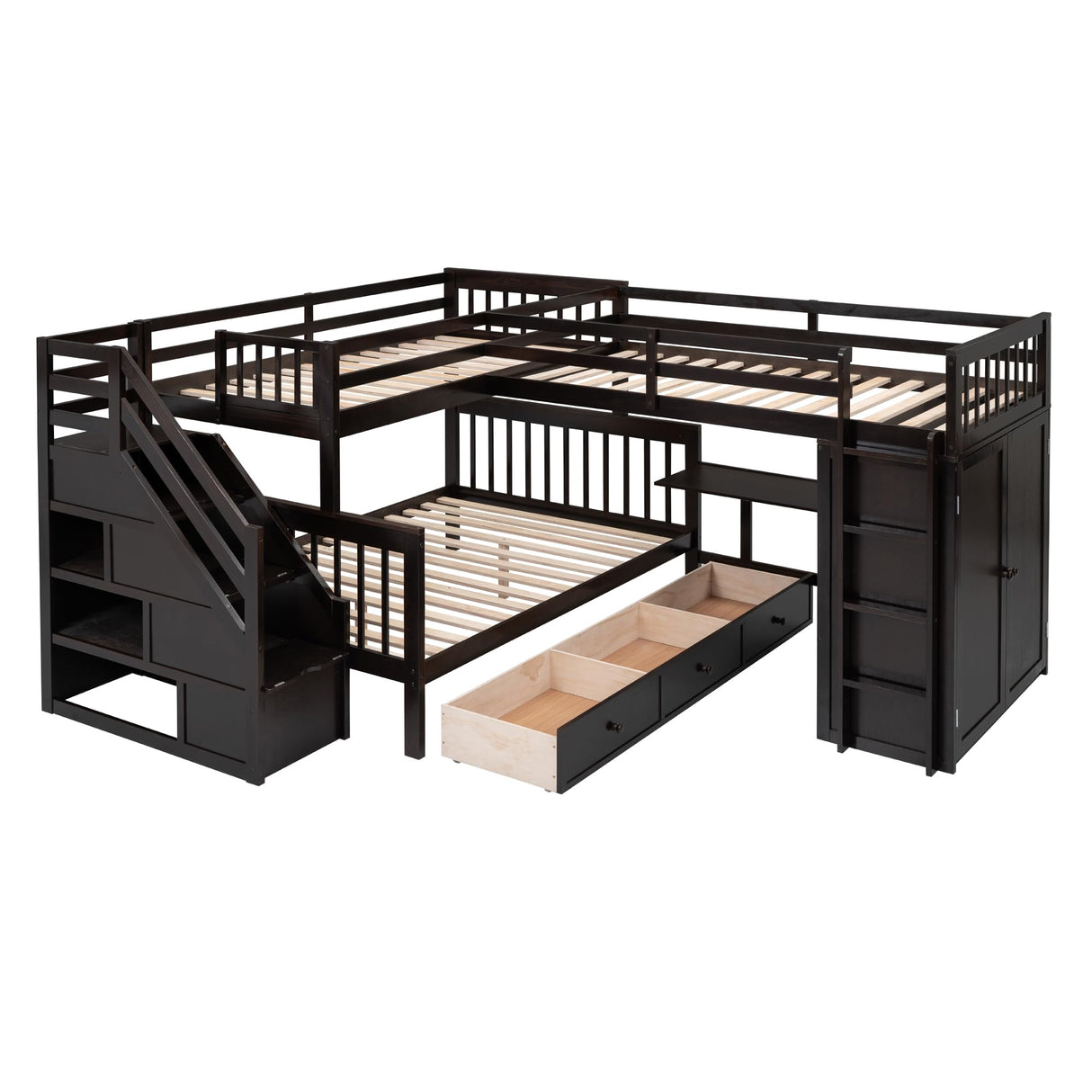 L-Shaped Bunk Bed for 4 Kids, Twin-Twin Over Full with 3 Drawers, Portable Desk and Wardrobe, Solid Wood Bedframe with Stairs and Full-Length Guardrails, No Box Spring Needed (Espresso) BEDGJH