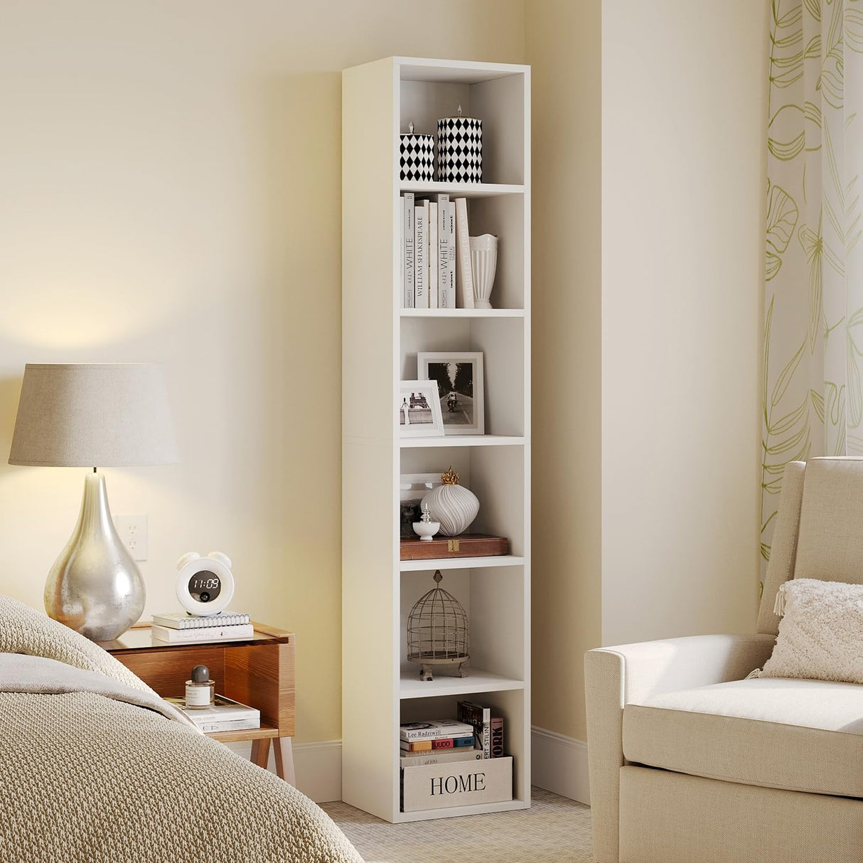 MXV Narrow Bookshelf, 6-Tier Open Bookcase, Coner Shelf, Storage Shelves, Display Storage Shelves, Floor Standing Unit, Home Decor, Furniture for Home Office, Living Room, Bedroom, White MXV