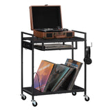 MOOACE Record Player Stand, Vinyl Storage Cabinet, Turntable Stand with Charging Station, Record Holder, Album Shelf, Nightstand, 2 Tier End Table on Wheels for Bedroom and Living Room, Black MOOACE