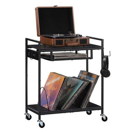 MOOACE Record Player Stand, Vinyl Storage Cabinet, Turntable Stand with Charging Station, Record Holder, Album Shelf, Nightstand, 2 Tier End Table on Wheels for Bedroom and Living Room, Black MOOACE