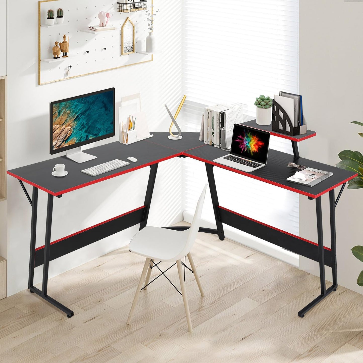 L Shaped Desk, Sturdy Gaming Desk Computer Desk with Large Wooden Desktop for Home Office, L Shaped Gaming Desk Corner Desk for Small Space, Easy to Assemble, L Desk Gaming Table L Shape Desk