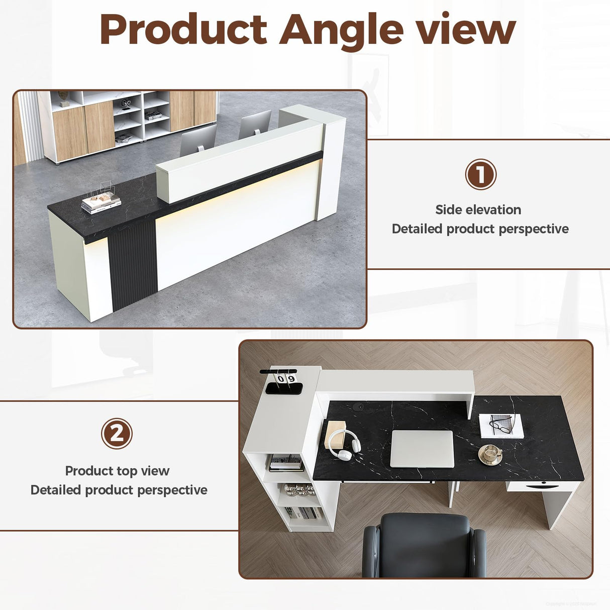 Nuipesn Modern L Shape Reception Desk with Storage – Front Desk Reception Counter with Double-Layer Countertop, Drawer & Open Shelf, for Office, Salon, (Black Grain+White Grain/Left, 71"L*24"W*39"H) Nuipesn