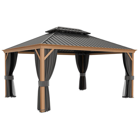ZEPYARD 12x16 FT Hardtop Gazebo, Metal Outdoor Gazebo with Wood-Grain Coating, Netting and Curtains, Double Galvanized Steel Roof, Patio Hard Top Gazebo for Backyard, Deck, Poolside (Grey) ZEPYARD