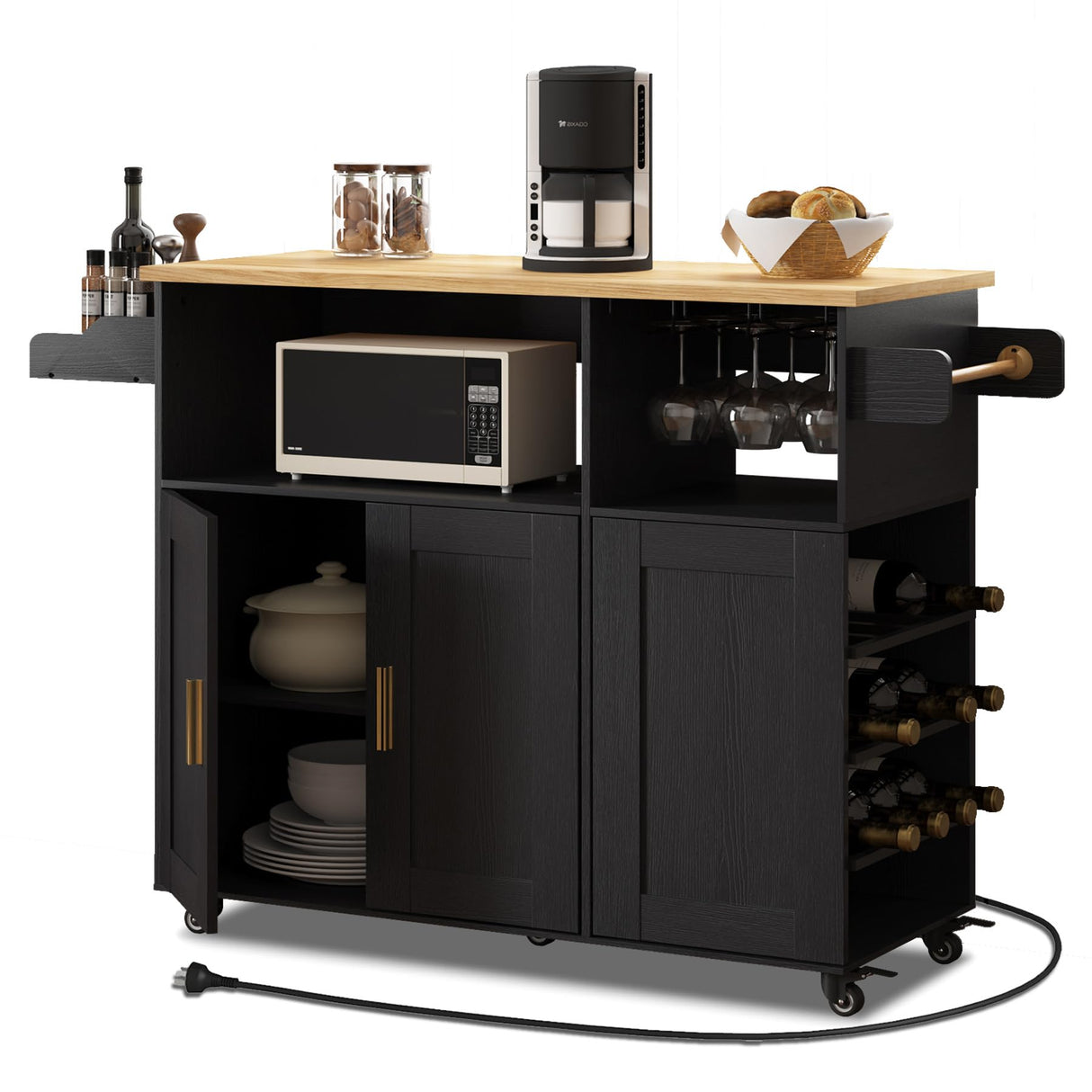 ASTRONAPE Rolling Mobile Kitchen Island Cart Bar, Island Table Storage with 5 Wheels, Rolling Kitchen Cabinet with Power Socket and Towel Rack (Black, Without Counter Top) ASTRONAPE