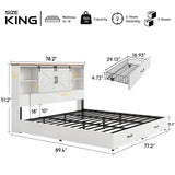 HOWE King Size Wood Platform Bed Frame with 51.2" Bookcase Headboard, Storage Bed with Sliding Barn Door Charging Station 2 Drawers, No Box Spring Needed/Farmhouse/White HOWE