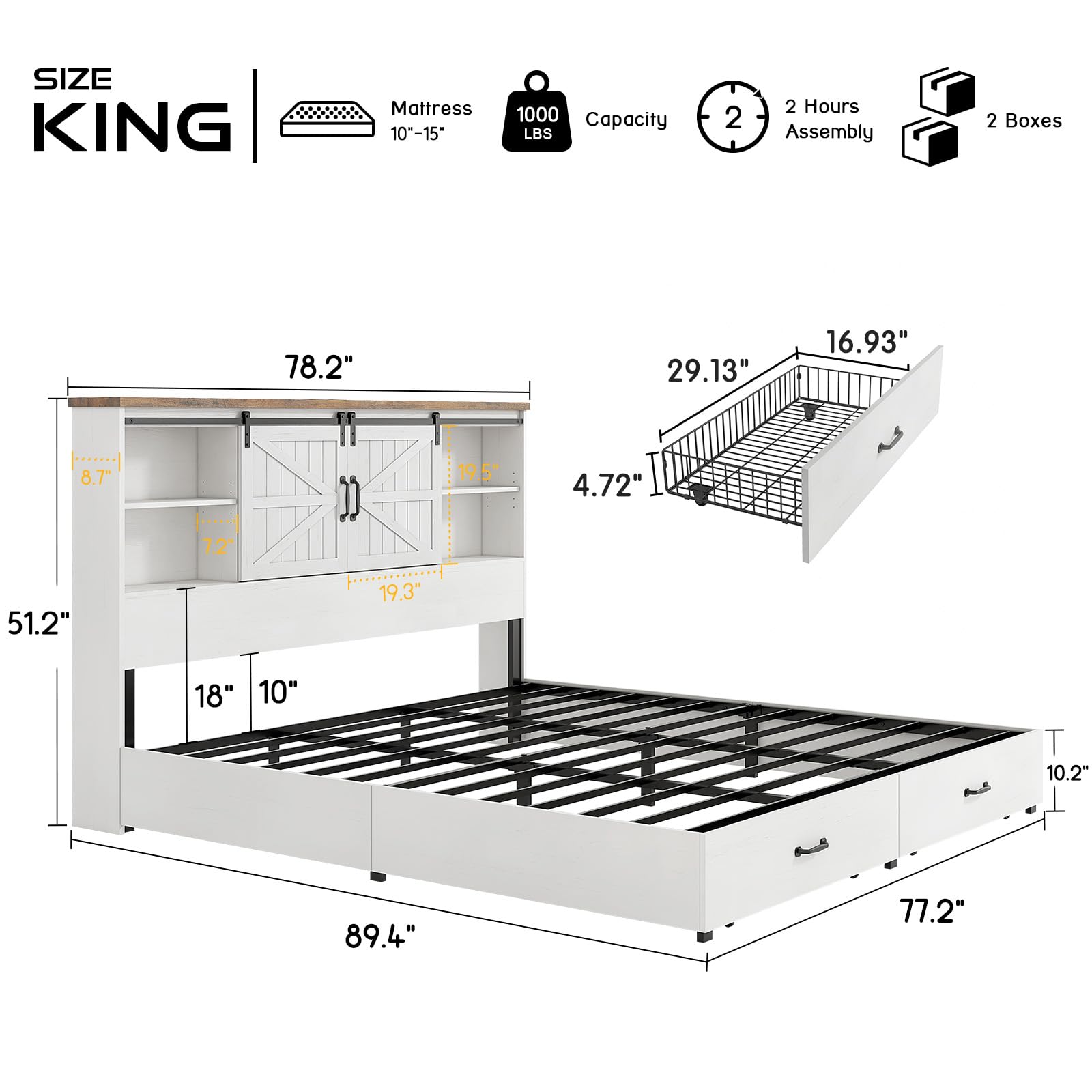 HOWE King Size Wood Platform Bed Frame with 51.2" Bookcase Headboard, Storage Bed with Sliding Barn Door Charging Station 2 Drawers, No Box Spring Needed/Farmhouse/White - WoodArtSupply