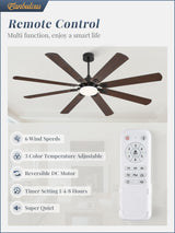 Fanbulous 72 Inch Ceiling Fans with Lights, Black Modern Ceiling Fan with Remote,Large Farmhouse Indoor & Outdoor Ceiling Fan with 8 Dual Finish Blades, Quiet DC Motor, Bright LED Light Fanbulous