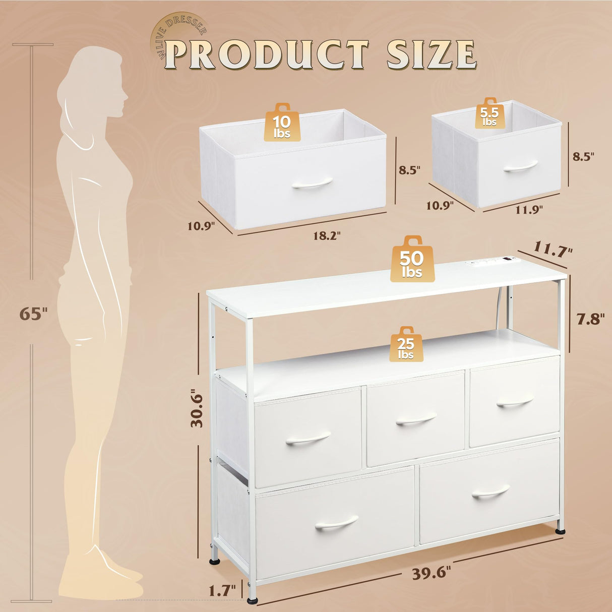 WLIVE White Dresser for Bedroom with 5 Fabric Drawers, Entertainment Center with Open Shelf and Power Outlet for 45 inch TV, Dresser TV Stand with Storage for Closet, Hallway, College Dorm WLIVE