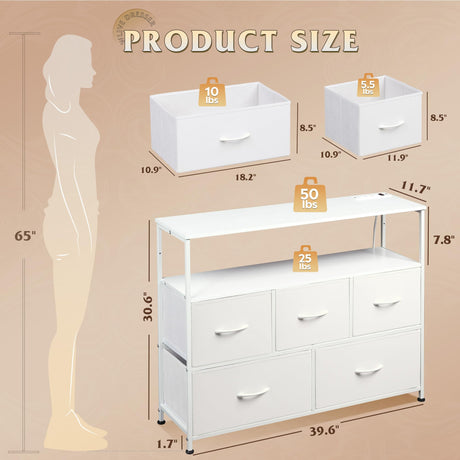 WLIVE White Dresser for Bedroom with 5 Fabric Drawers, Entertainment Center with Open Shelf and Power Outlet for 45 inch TV, Dresser TV Stand with Storage for Closet, Hallway, College Dorm WLIVE