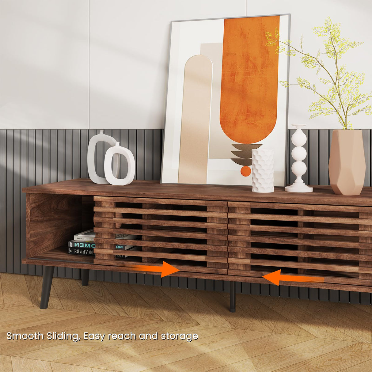 HAIOOU Mid Century Modern TV Stand, 52" Wooden TV Console with Slatted Sliding Doors and Storage for 50/55/60 Inch TV, Small Entertainment Center Media Console Cabinet for Living Room - Walnut Brown HAIOOU