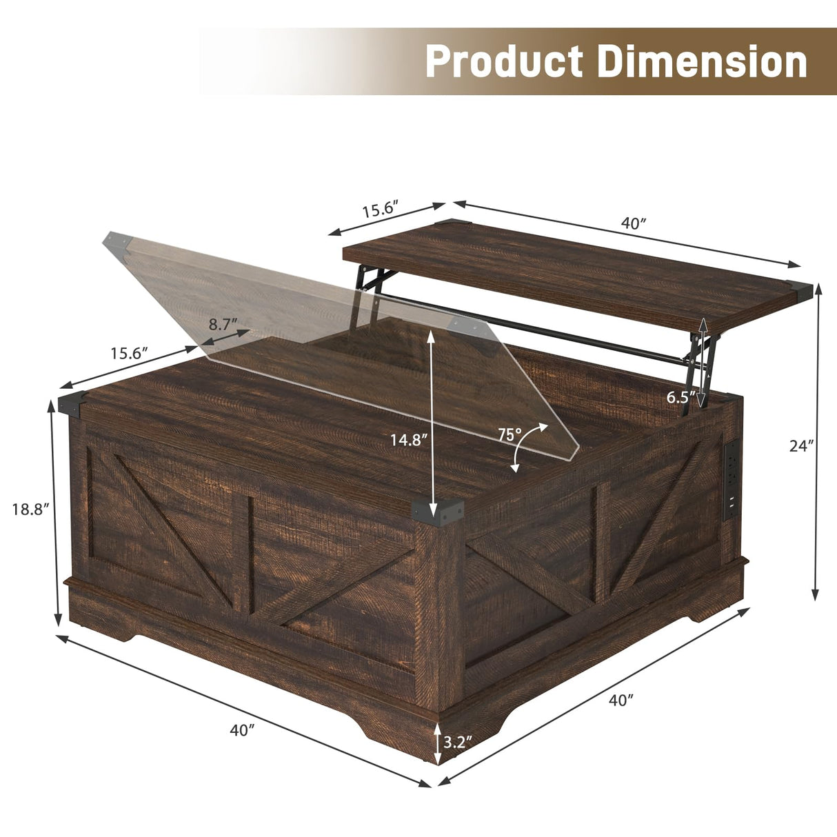 Hlivelood 40” Large Farmhouse Lift Top Coffee Table with Power Outlets and Large Hidden Storage, Square Wood Living Room Tables, Multi-Function Lift Wooden Barn Door Center Table, Brown Hlivelood