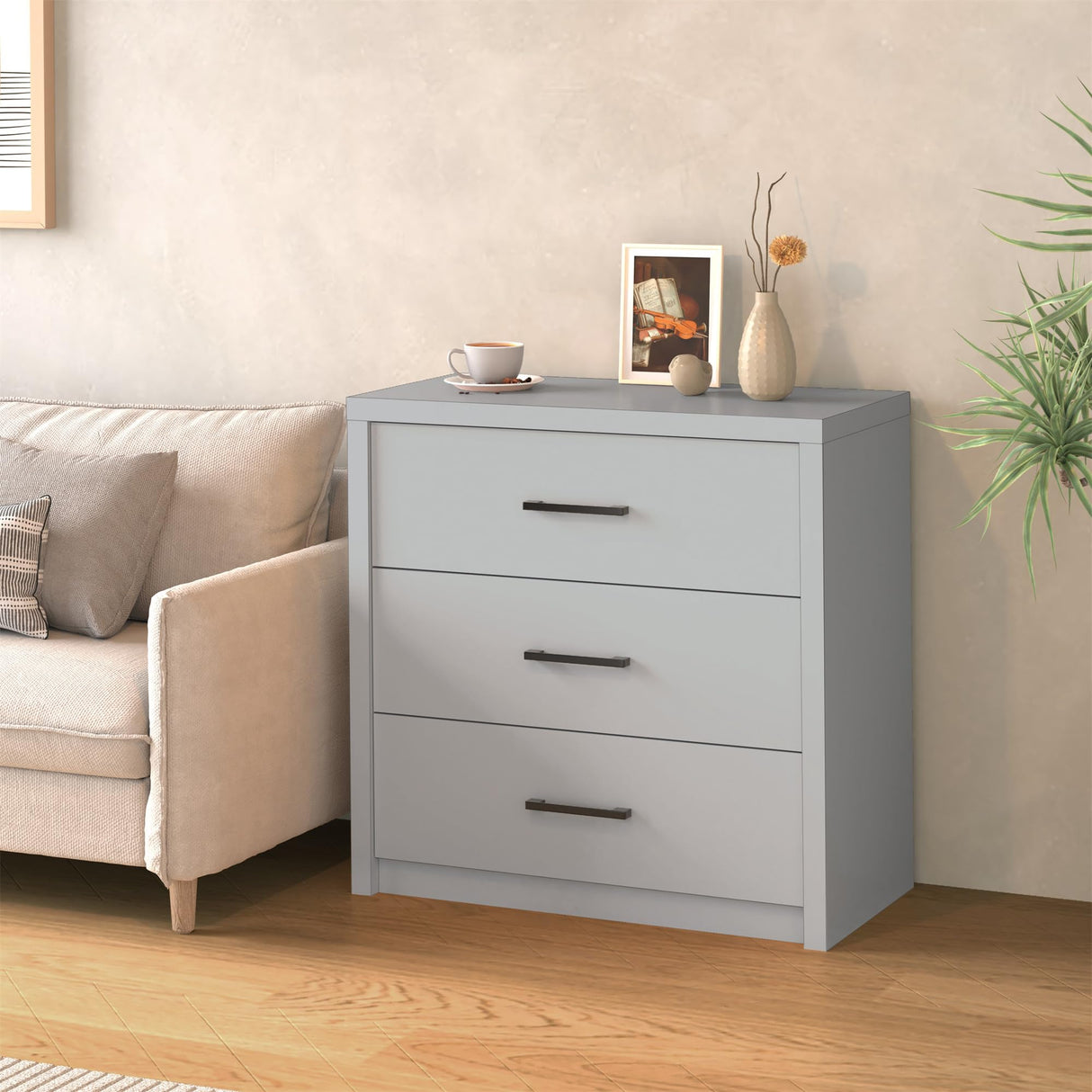 Zhiseek 3 Drawer Dresser for Bedroom, Wood Samll Chest of Drawers with Wide Storage Organizer, Mid-Century Modern Tall Nightstand for Closet, Entryway, Hallway, Grey Zhiseek
