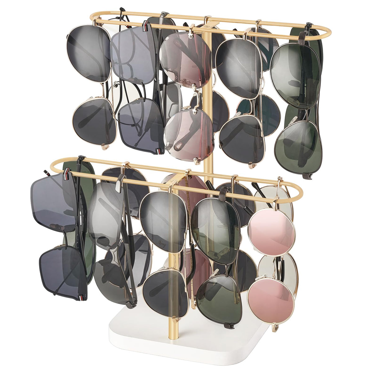 Mkono Sunglasses Organizer Glasses Holder Stand for 24 Pairs of Eyewear, 2 Tier Sunglass Storage Eyeglasses Display Rack Metal Frame with Wood Base for Table Desk Countertop Dresser Bedroom, Gold Mkono