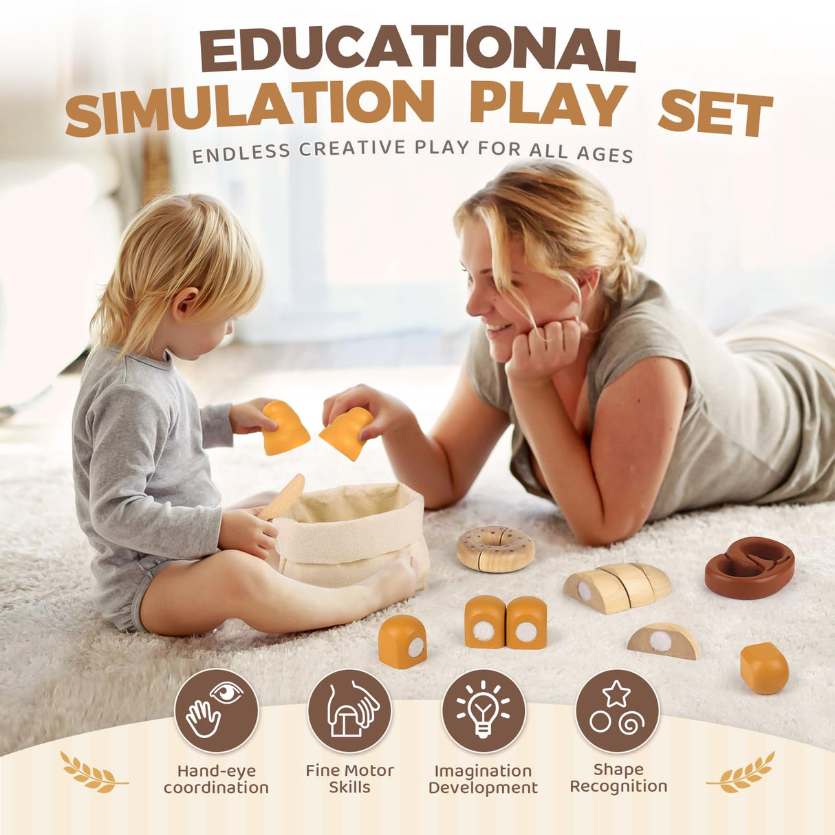 Wooden Play Food Bakery Toy Sets for Kids Kitchen Grocery Pretend Fake Food Accessories Playsets for Kids Ages 4-8 Birthday Gift for Boys Girls Educational Toys Airlab