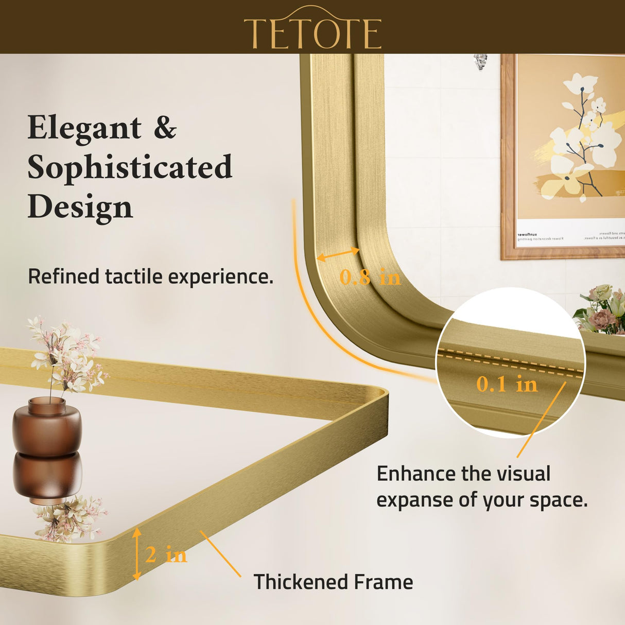 TETOTE 60 x 40 Inch Brushed Gold Frame Mirror, Brass Bathroom Vanity Mirror for Wall, Modern Rectangle Round Corner Matte Framed Mirror (Horizontal/Vertical) TETOTE