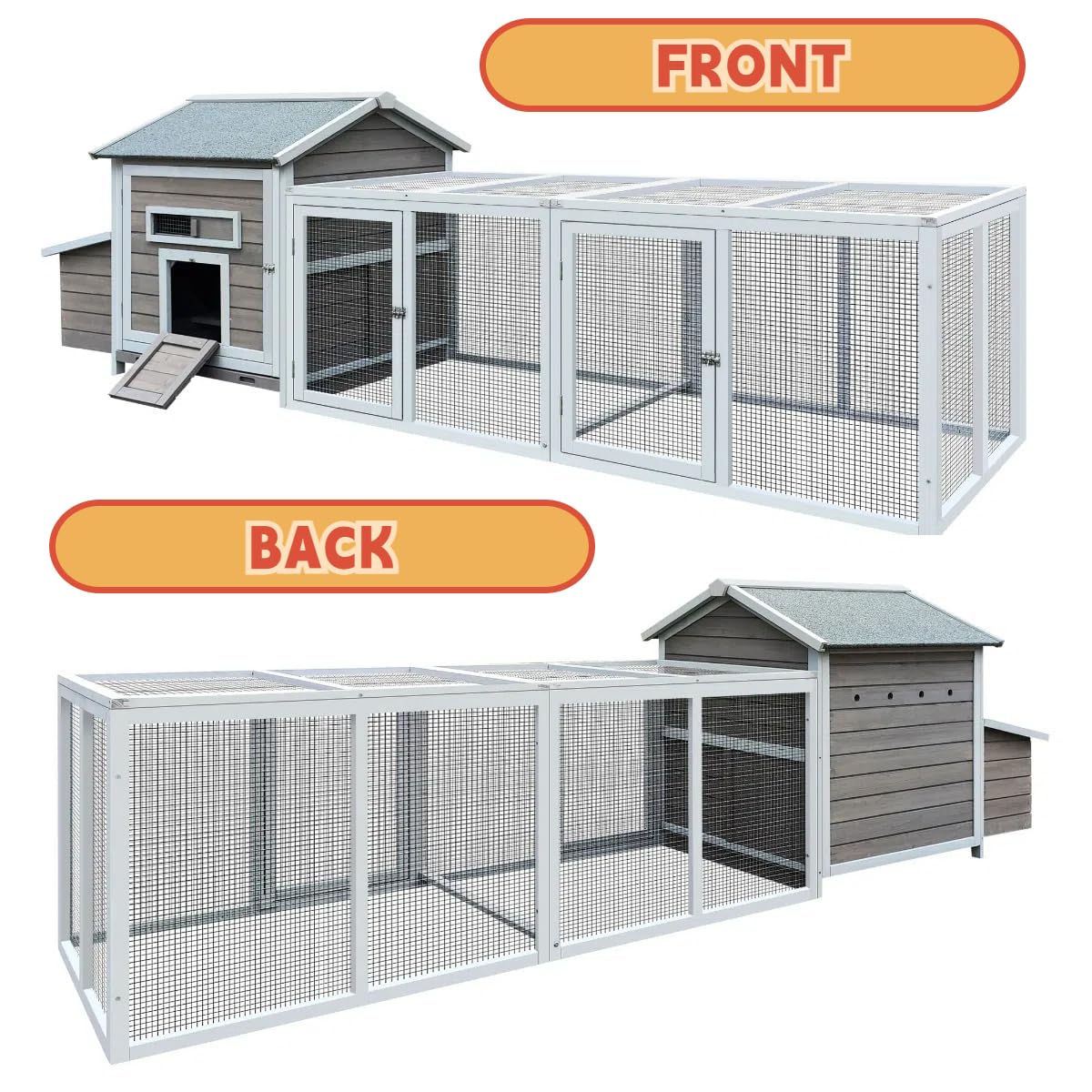 ZMAD Large Chicken Coop Outdoor,Chicken Coop 6-8 Chickens,Chicken Nesting Box, Pull Out Trays and Anti-Slip Asphalt Ramp (Gray, 118)