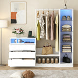 Wardrobe Dresser with Hanging Rack and Drawers - Led Wardrobe Dresser Combo with Charging Station, White Closet Organizers and Storage with Open Shelves, Armoire Clothes Cabinet for Bedroom (White) Auromie