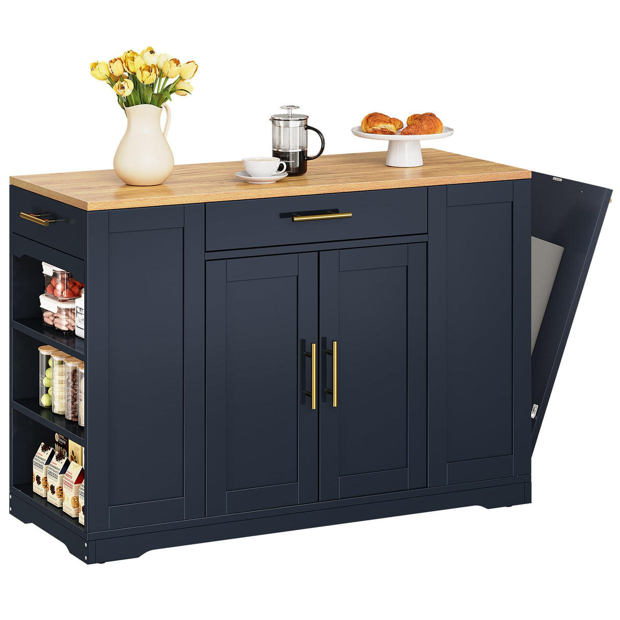 YITAHOME 53 inch Large Rolling Kitchen Island with Trash Can Storage Cabinet, Portable Mobile Islands Table Long Floating Movable w Wheels Cabinet for 13 Gallon Garbage Bin 2 Drawer, Navy Blue YITAHOME