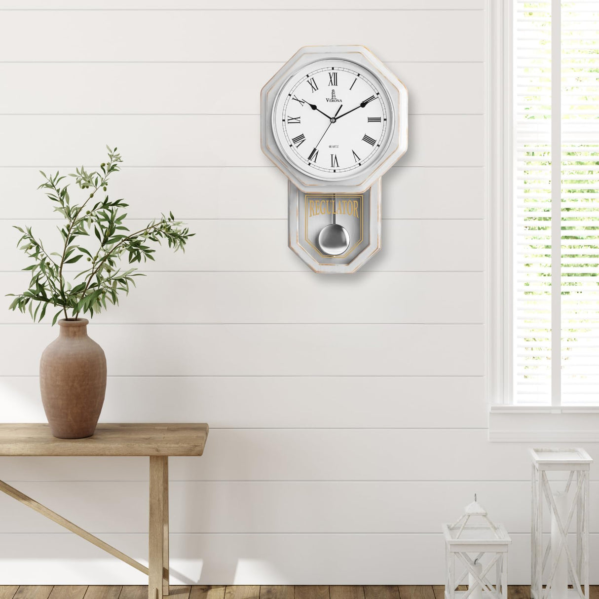 White Pendulum Wall Clock - Rustic Wooden Farmhouse Wall Clock - Regulator Clock Battery Operated - Wood Pendulum Clock - Decorative Wall Clocks for Living Room Decor, Home, Office and Gift 18x11 Lovely Home Essentials