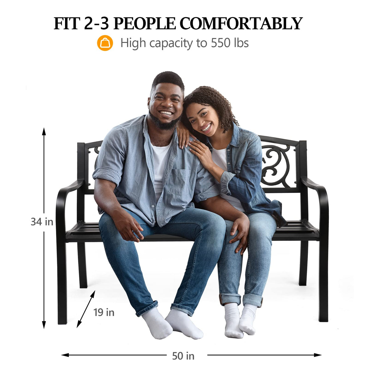 VINGLI Outdoor Bench with PVC Back Pattern, Metal Garden Bench Black Steel Welcome Bench for Patio, Porch, Deck, Yard, Lawn Decor Entryway VINGLI