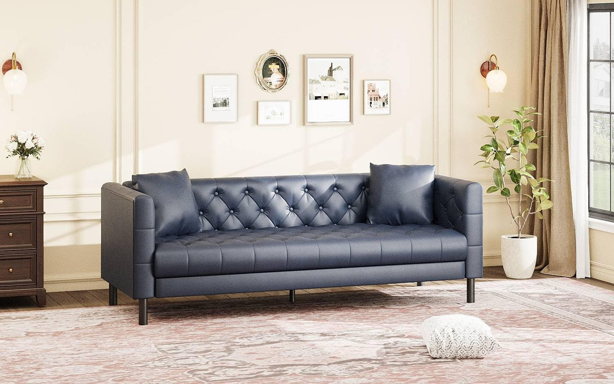 GarveeLife 81" Leather Sofa for Living Room, Chesterfield Sofa with Deep Seats, Button Tufted Leather Couch for Apartment, Office, Blue GarveeLife