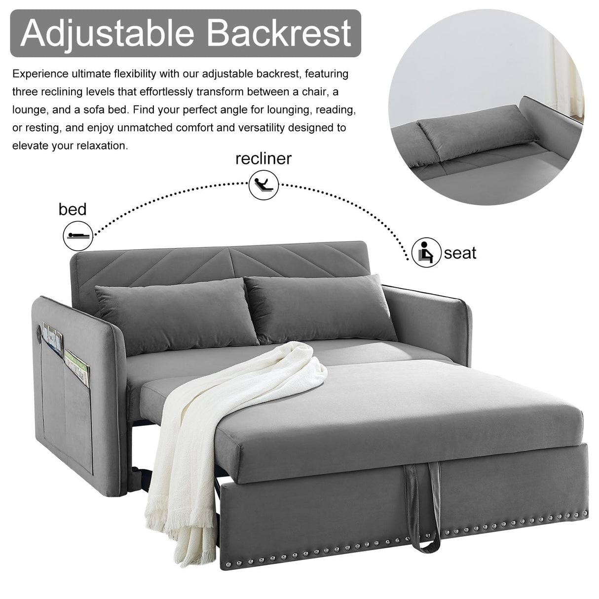 howcool 3 in 1 Convertible Sleeper Futon Sofa Bed, 55" Velvet Small Loveseat Lounge Couches with 2 Pillows, Reclining Backrest, USB Ports & Side Pockets for Living Room, Pull-Out Couch, Light Grey howcool