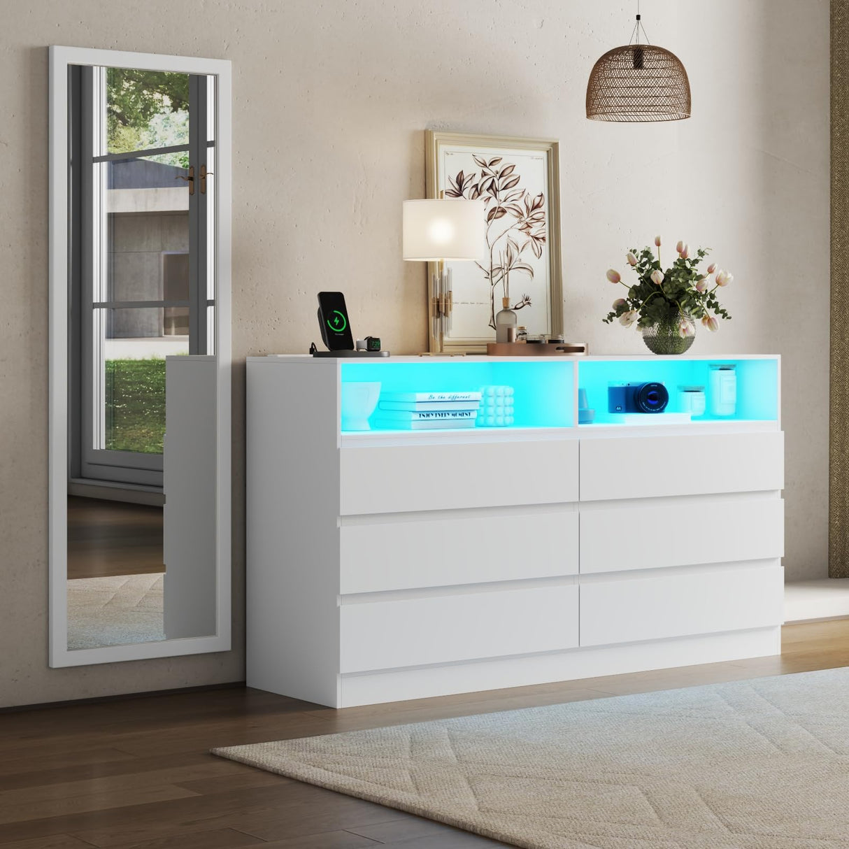 Gyfimoie Dresser for Bedroom with Full Length Mirror 48"x16", White Storage Cabinet with Power Outlet, 6 Drawer Dresser with LED Light, Modern Dressers with Charging Station(White) Gyfimoie