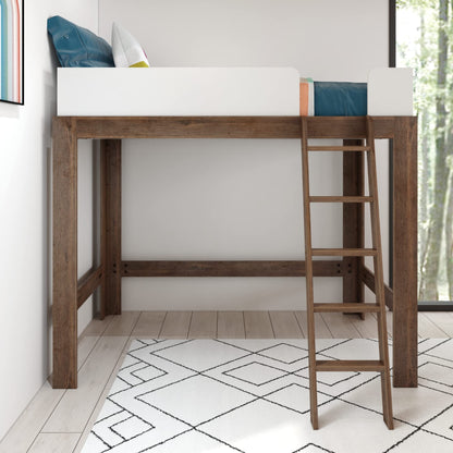 Max & Lily Mid-Century Modern Twin High Loft Bed in Walnut/White - Space-Saving Solid Wood Frame for Kids - WoodArtSupply