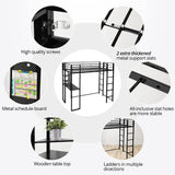 JINS&VICO Twin Size Loft Bed with Desk and Shelves, Metal Loft Bed Frame with 2 Built-in Ladders, Guardrail, Loft Bed for Juniors, Adults, Noise-Free & No Box Spring Needed, Black JINS&VICO