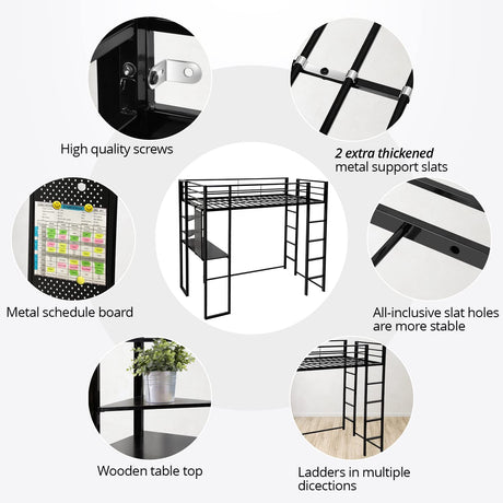 JINS&VICO Twin Size Loft Bed with Desk and Shelves, Metal Loft Bed Frame with 2 Built-in Ladders, Guardrail, Loft Bed for Juniors, Adults, Noise-Free & No Box Spring Needed, Black JINS&VICO
