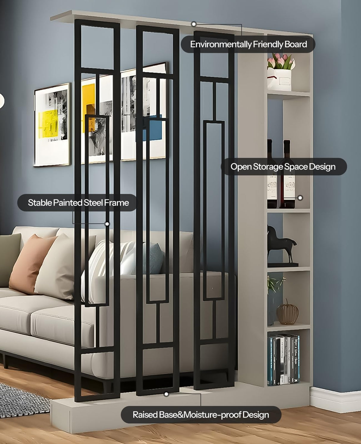 Kavie Wall Room Divider Bookshelf, Modern Wood Bookcase with Translucent Screens Storage Cabinet for Stylish Home Office Decor Display (Khaki+Black,39.5" L x 9.5" W x 79.5" H) Kavie