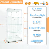 lunhung 65"H Glass Display Cabinet with LED Lights & Mirror Back Panel, 2 Doors Curio Storage Cabinet w/ Adjustable Feet & Lock, 4-Shelf Wood Top Display Case Bookshelf for Living room,Hallway (White) lunhung