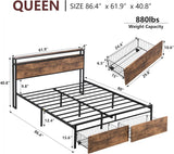 XKLOGER Queen Bed Frame with Headboard, Metal Platform Bed Frame with Charging Station & 2 Storage Drawers, Easy Assembly/Noise-Free/No Box Spring Needed/Brown XKLOGER