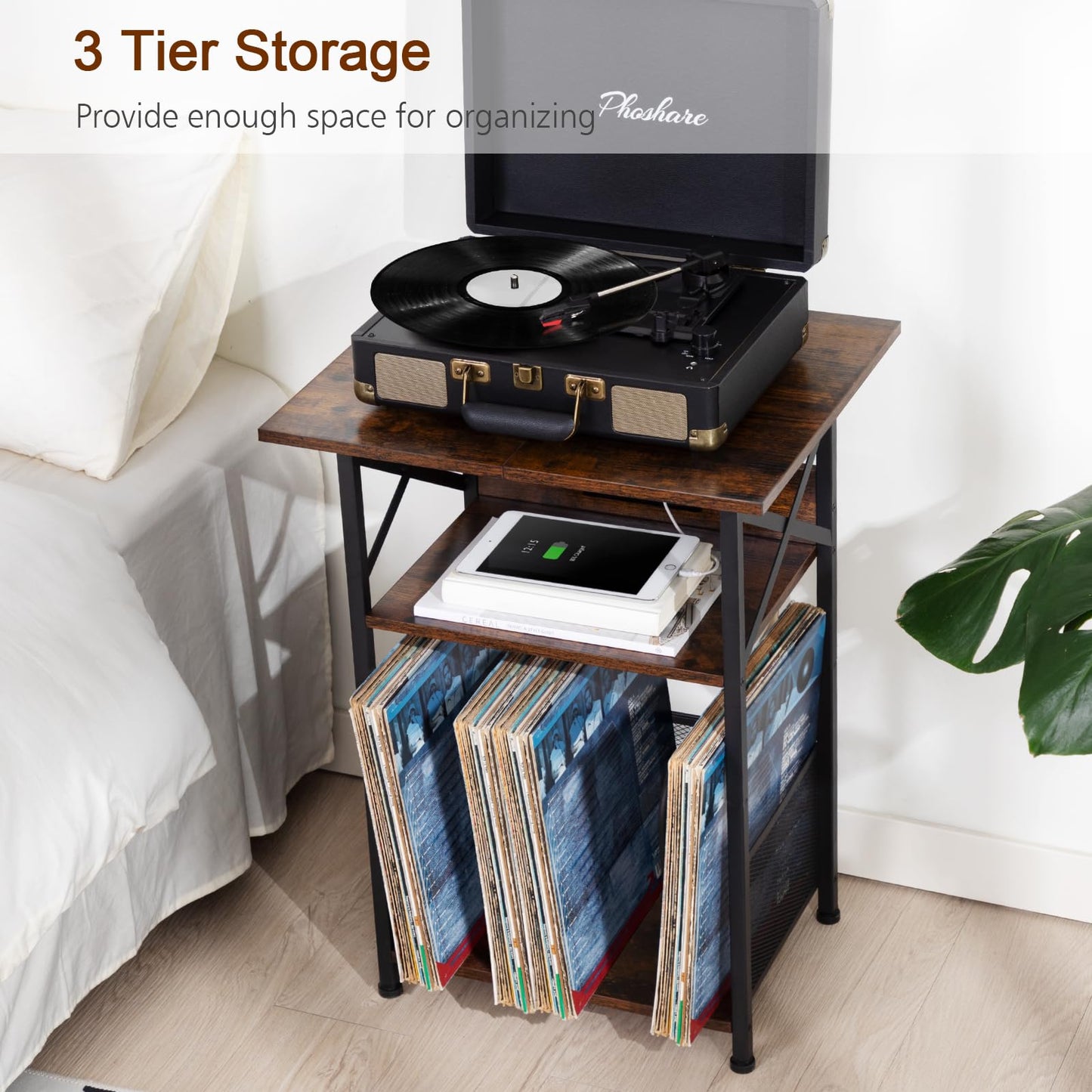 AMHANCIBLE Record Player Stand with Charging Station, Large Turntable Stand with Storage Cabinet, 3 Tier End Table Hold Up to 100 Albums, Record Stand for Vinyl, Living Room, Brown, HETCD012BR-1