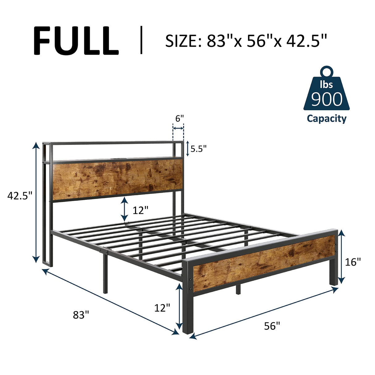 AMERLIFE Full Size Bed Frame, Industrial Platform Bed with Charging Station, 2-Tier Storage Headboard/No Box Spring Needed/Noise-Free/Dark Brown AMERLIFE