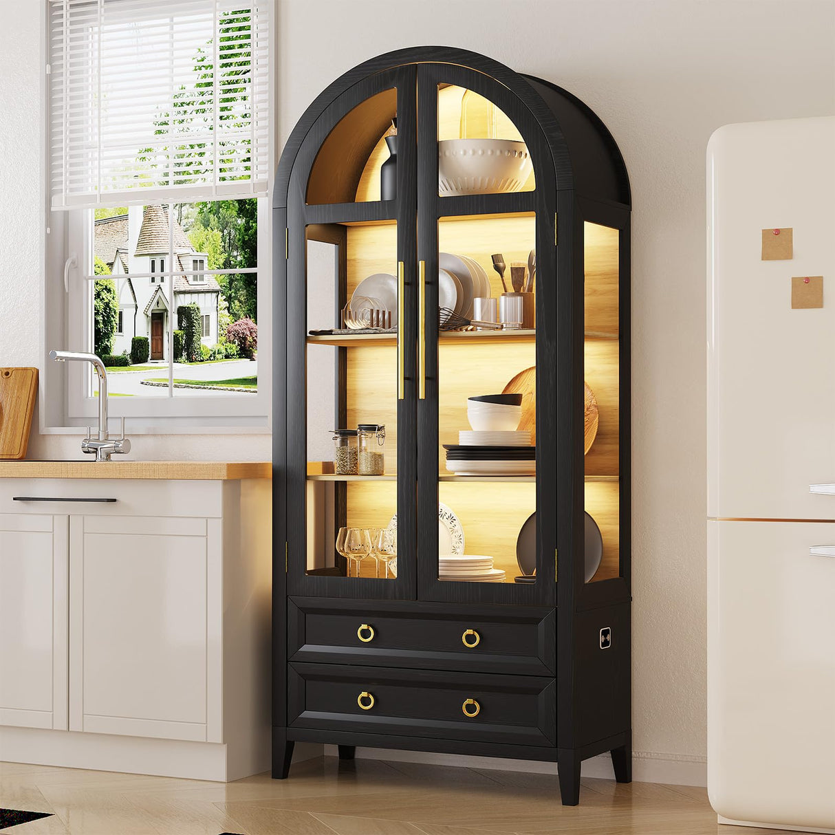 LVSOMT 71" Tall Arched Storage Cabinet with Glass Doors and Drawers, Curio Display Cabinet with Adjustable LED Light & Human Sensor, 4-Tier China Cabinet for Living Room(Black+Wood) LVSOMT