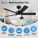 POCHFAN 42 inch Black Ceiling Fans with Lights and Remote Control, LED Ceiling Fan Dimmable 3-Color Temperatures 6-Speed, Quiet Modern Ceiling Fan for Bedroom, Living Room, Dining Room POCHFAN