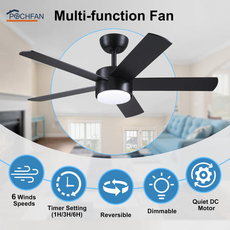 POCHFAN 42 inch Black Ceiling Fans with Lights and Remote Control, LED Ceiling Fan Dimmable 3-Color Temperatures 6-Speed, Quiet Modern Ceiling Fan for Bedroom, Living Room, Dining Room POCHFAN
