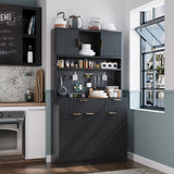 Buenhomino Kitchen Pantry Cabinet with Storage & Pegboard, 71" Tall Hutch Storage Cabinet with Power Outlets, Freestanding Food Pantry Cabinet with Microwave Stand Spice Rack for Dining Room - Black Buenhomino