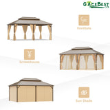 GAZEBEST 12x18 ft Hardtop Gazebo Outdoor Aluminum Patio Gazebo Double Roof Galvanized Steel Gazebo Canopy with Netting and Curtains,for Garden Patio,Patio Backyard,Deck and Lawns GAZEBEST
