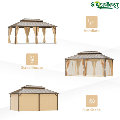 GAZEBEST 12x18 ft Hardtop Gazebo Outdoor Aluminum Patio Gazebo Double Roof Galvanized Steel Gazebo Canopy with Netting and Curtains,for Garden Patio,Patio Backyard,Deck and Lawns - WoodArtSupply