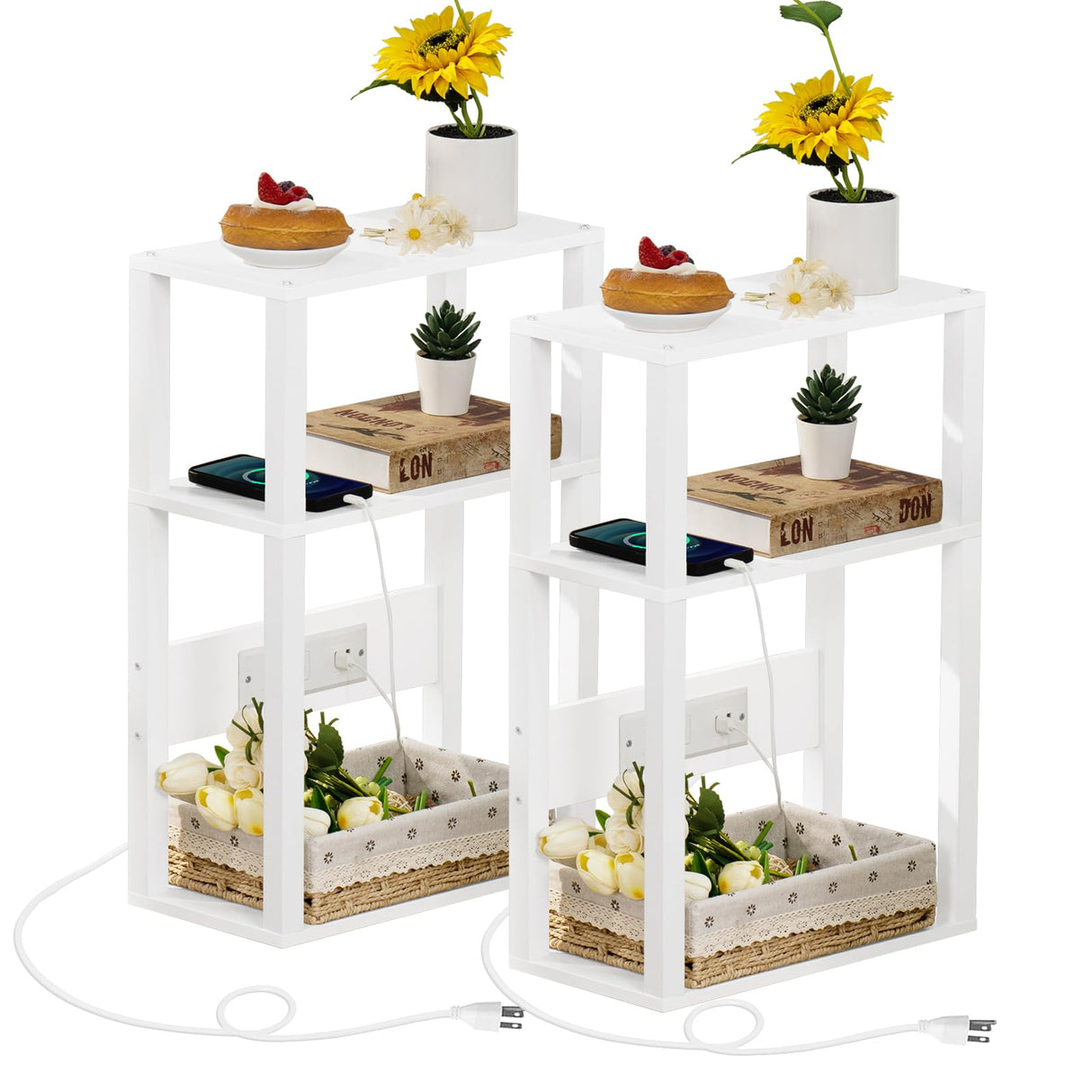YUFAM Small Narrow Wood Side Table Set of 2 with Charging Station - Skinny Nightstand for Small Spaces, Slim Bedside Table with USB Ports and Outlets - Thin End Table with Storage, White YUFAM
